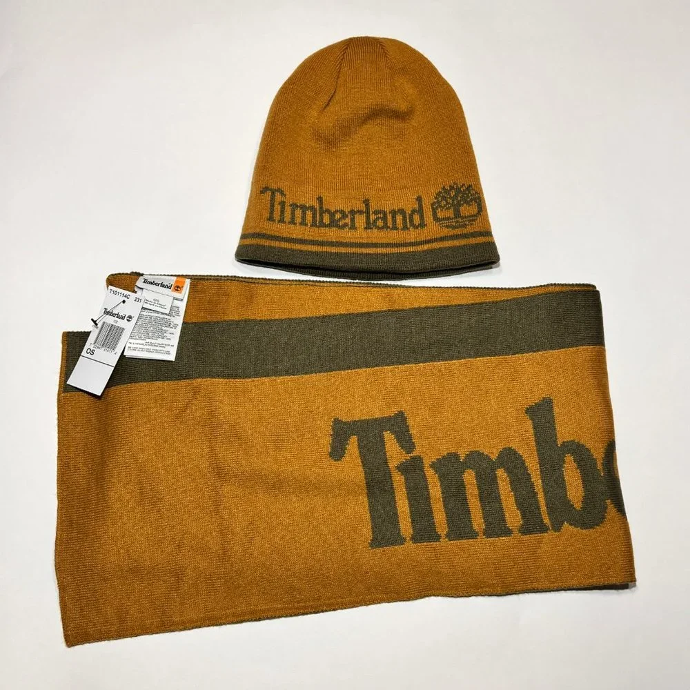 Timberland Beanie Hat Scarf Set Reversible Tan Green One Size Unisex Winter